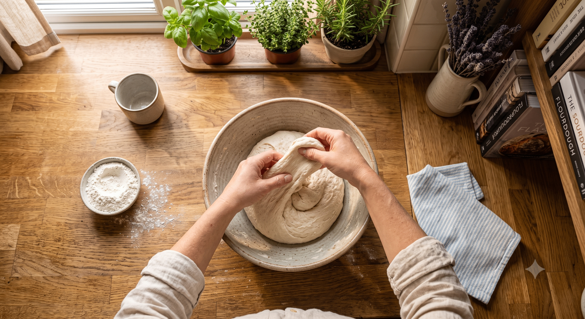 Hands gently folding sourdough dough in a ceramic bowl on a light wooden table