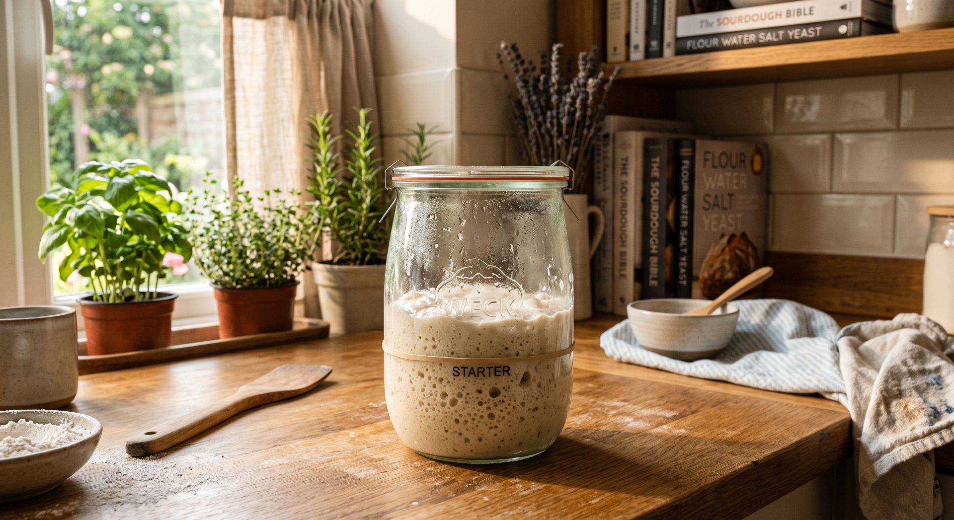 A glass jar of active sourdough starter on a wooden kitchen counter with herbs and baking books